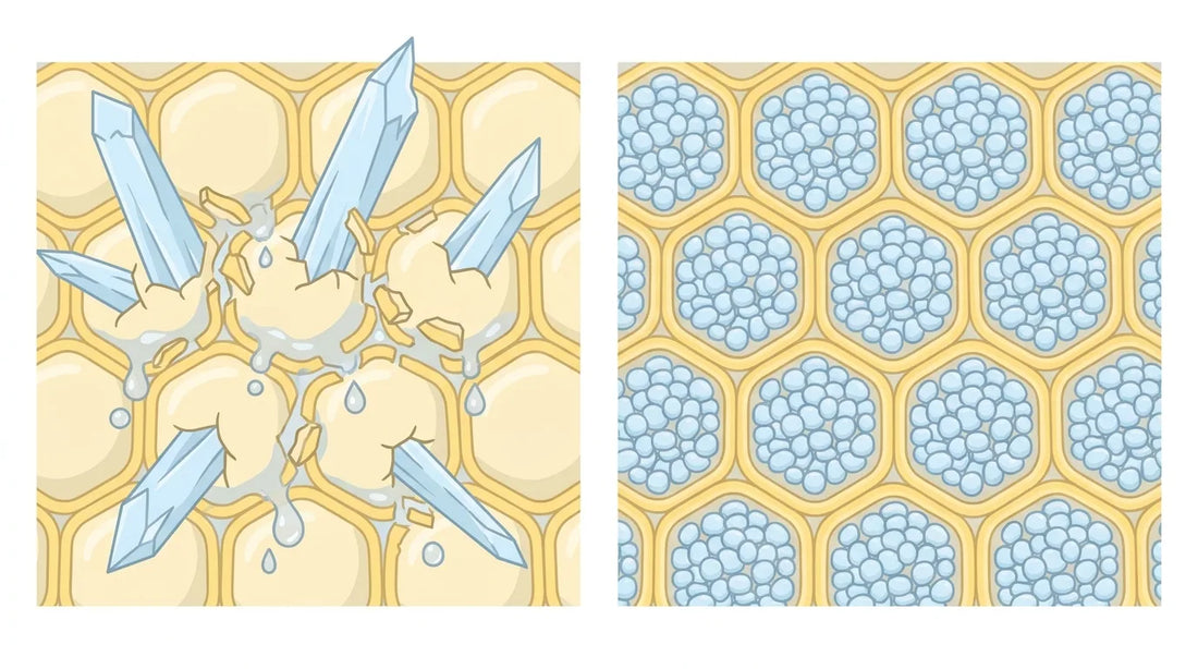 Illustration comparing large, jagged ice crystals that break apart fruit cells with small, rounded ice crystals that leave the cells intact