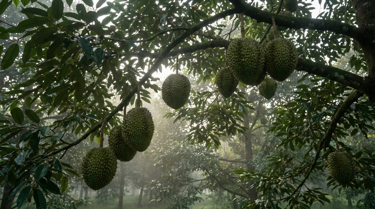 Durians hanging from a tree in an orchard