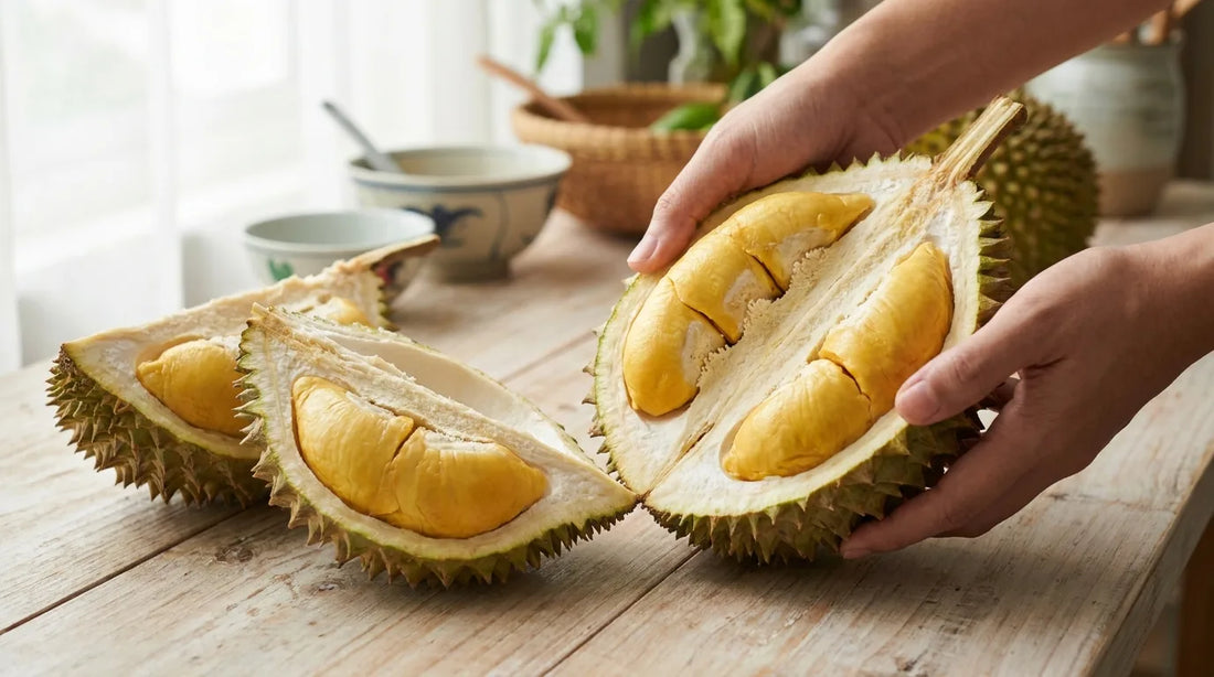 An opened durian with thick, golden-yellow flesh inside its spiky husk