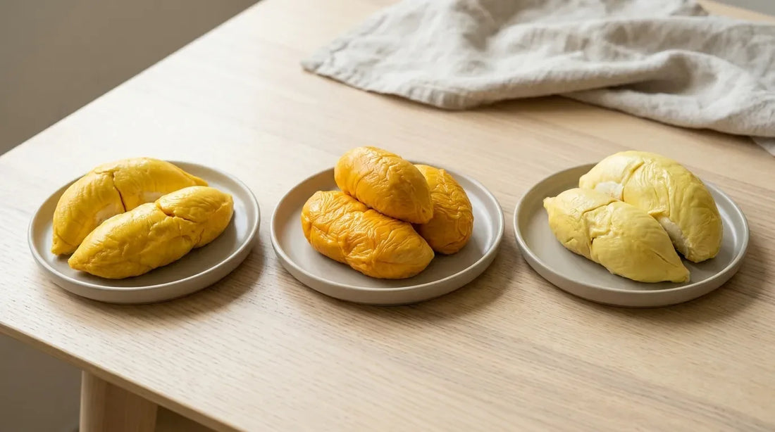 Three plates of durian flesh side by side on a wooden table: rich golden yellow, deep orange-yellow and pale creamy yellow
